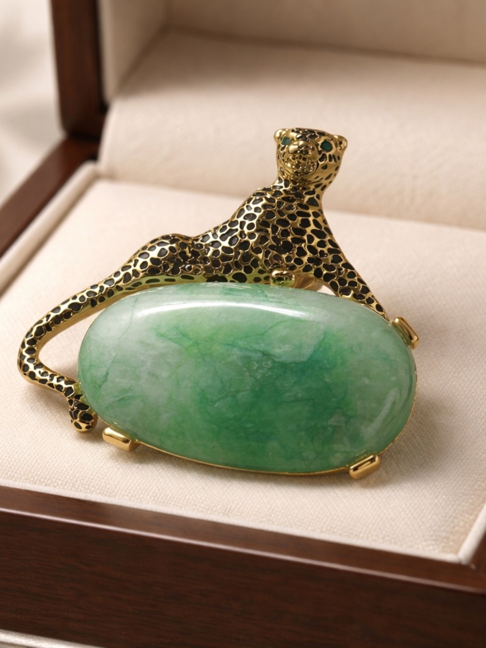 Gold Leopard Brooch with Green Jade Stone - Women's Jewelry